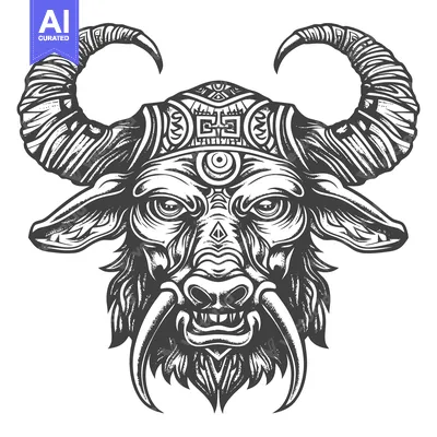 Aset desain premium: Detailed Black and White Illustration of a Bull's Head with Tribal Des