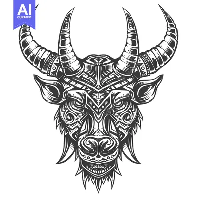 Aset desain premium: Detailed Black and White Illustration of a Bull Skull with Ornate Horn