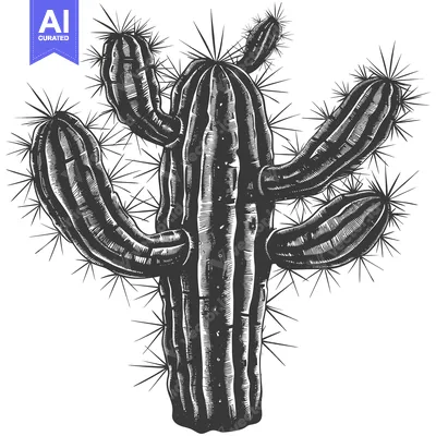Aset desain premium: Detailed Black and White Illustration of a Cactus with Spines
