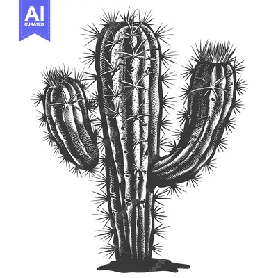Aset desain premium: Detailed Black and White Illustration of a Cactus with Spines
