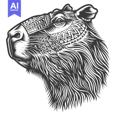 Aset premium populer: Detailed Black and White Illustration of a Capybara Head with Tribal P
