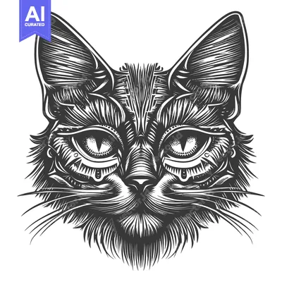 Aset premium populer: Detailed Black and White Illustration of a Cat's Face
