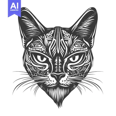 Download Detailed Black and White Illustration of a Cat's Face with Intricate P Vector Graphic