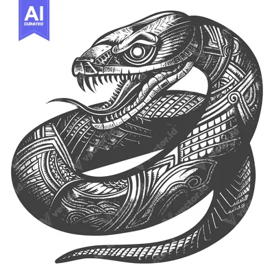 Aset desain premium: Detailed Black and White Illustration of a Coiled Snake with Geometric