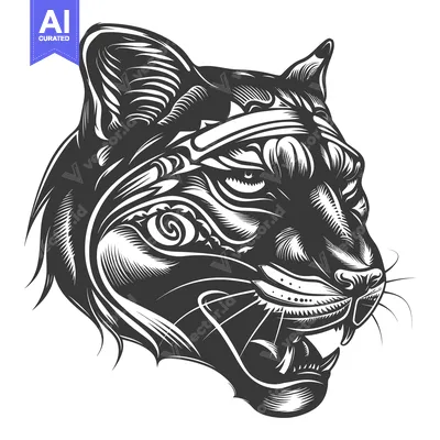 Aset desain premium: Detailed Black and White Illustration of a Cougar's Head