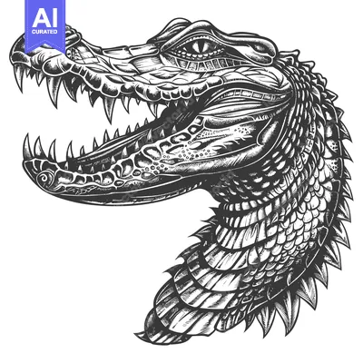 Download Detailed Black and White Illustration of a Crocodile's Head Vector Graphic