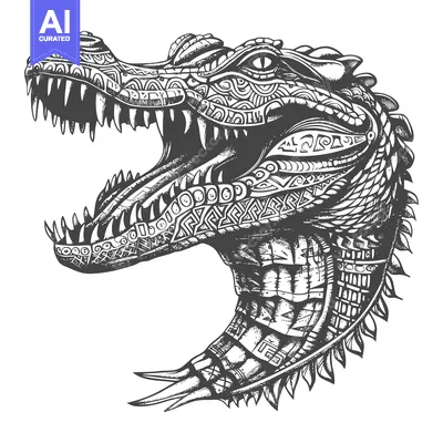 Download Detailed Black and White Illustration of a Crocodile with Open Mouth a Vector Graphic