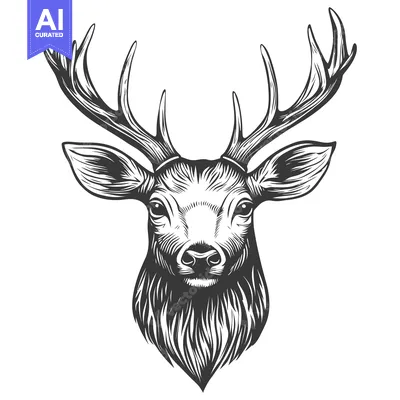 Premium design asset: Detailed Black and White Illustration of a Deer Head with Antlers