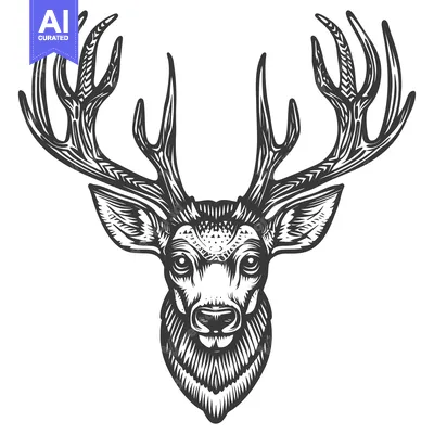 Popular premium asset: Detailed black and white illustration of a deer head with large antler