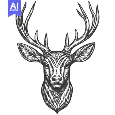 Download Detailed Black and White Illustration of a Deer's Head with Antlers Vector Graphic