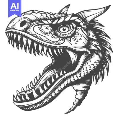 Popular premium asset: Detailed Black and White Illustration of a Dinosaur's Head with an Ope