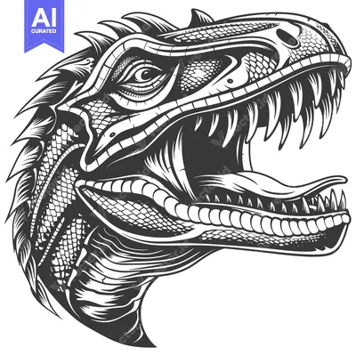 Download Detailed Black and White Illustration of a Dinosaur's Head with Open M Vector Graphic