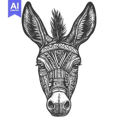 Aset desain premium: Detailed Black and White Illustration of a Donkey's Head with Tribal P