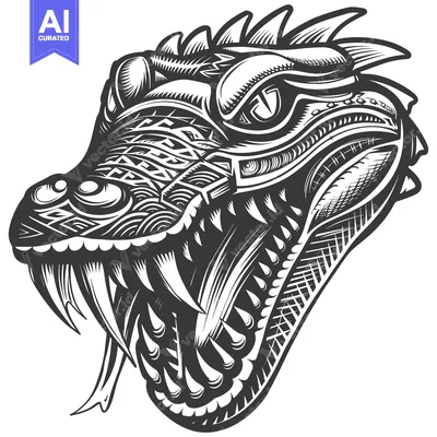 Premium design asset: Detailed Black and White Illustration of a Dragon's Head