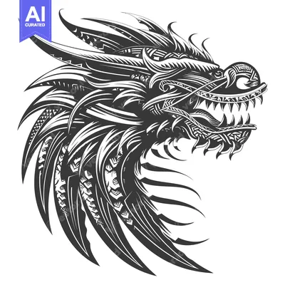 Aset desain premium: Detailed Black and White Illustration of a Dragon's Head