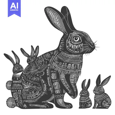 Aset premium populer: Detailed Black and White Illustration of a Family of Rabbits