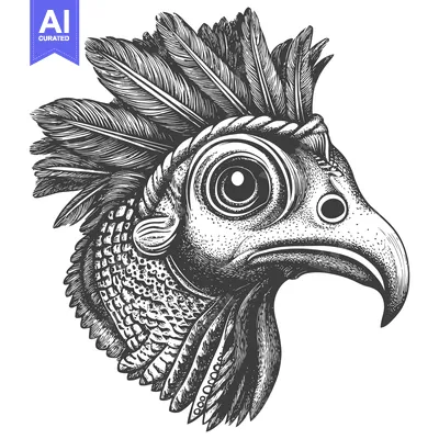 Premium design asset: Detailed Black and White Illustration of a Feathered Bird Head
