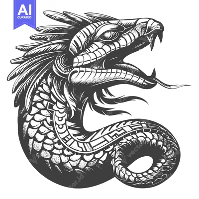 Aset desain premium: Detailed Black and White Illustration of a Feathered Serpent