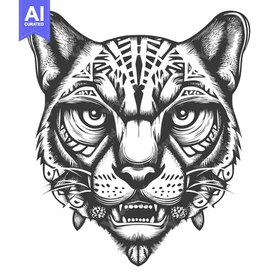 Aset premium populer: Detailed Black and White Illustration of a Ferocious Cat's Head