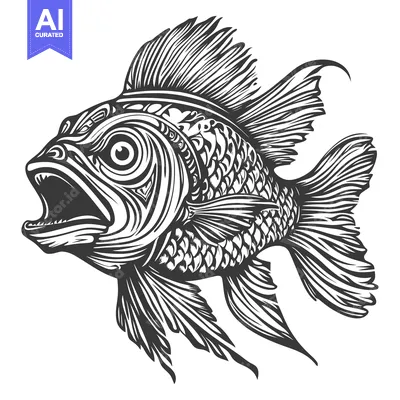 Aset desain premium: Detailed Black and White Illustration of a Fish with an Open Mouth