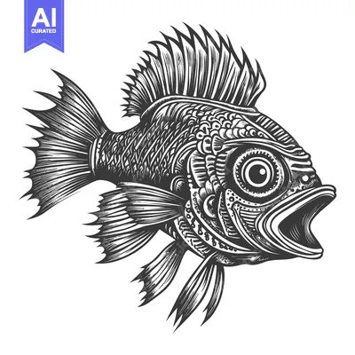 Aset desain premium: Detailed Black and White Illustration of a Fish with Open Mouth and Fi