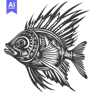 Aset premium populer: Detailed Black and White Illustration of a Fish with Spiky Fins