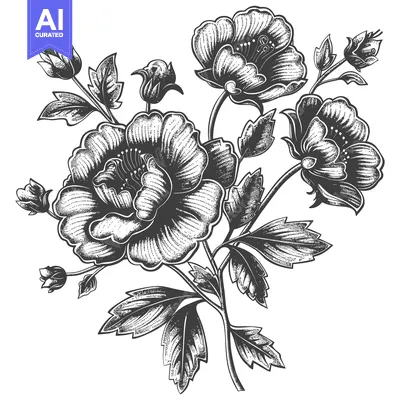 Aset premium populer: Detailed Black and White Illustration of a Floral Branch with Blooms a
