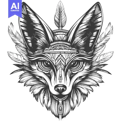 Premium design asset: Detailed Black and White Illustration of a Fox Head with Feathers and