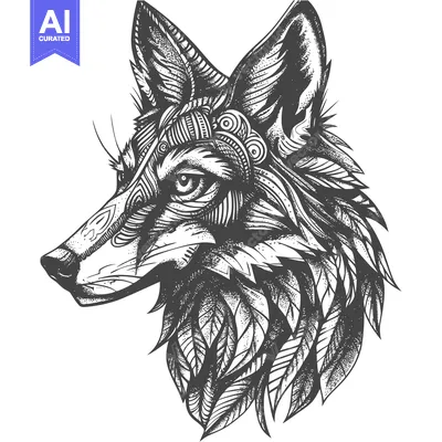 Aset premium populer: Detailed Black and White Illustration of a Fox Head with Ornate Design