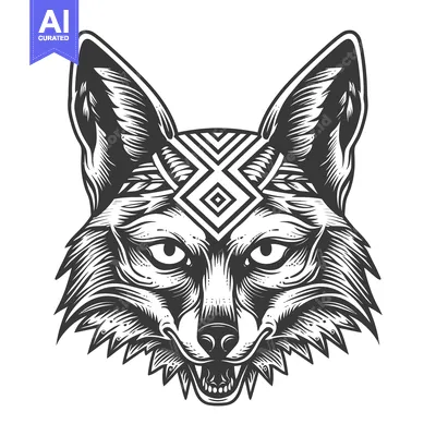 Aset premium populer: Detailed Black and White Illustration of a Fox Head with Tribal Markin