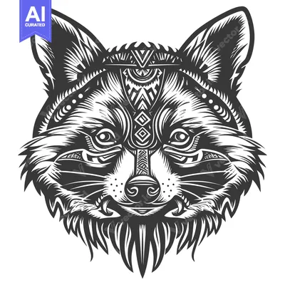 Aset premium populer: Detailed Black and White Illustration of a Fox's Head with Geometric P