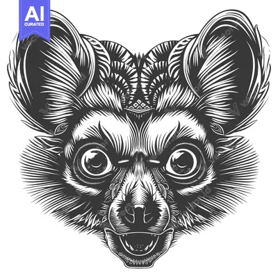 Aset premium populer: Detailed Black and White Illustration of a  Furry Animal with Large Ea
