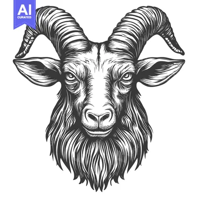 Aset desain premium: Detailed Black and White Illustration of a Goat Head with Horns