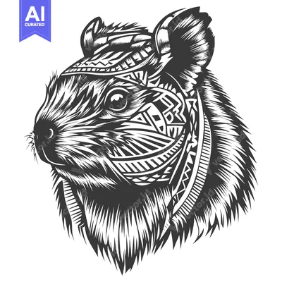 Aset desain premium: Detailed Black and White Illustration of a Guinea Pig with Geometric P