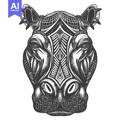 Aset desain premium: Detailed Black and White Illustration of a Hippopotamus Head with Trib