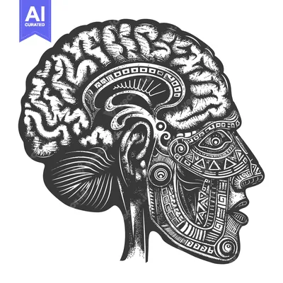 Aset desain premium: Detailed Black and White Illustration of a Human Head with a Complex G