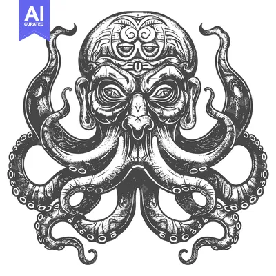 Premium design asset: Detailed Black and White Illustration of a Humanoid Octopus with Intri
