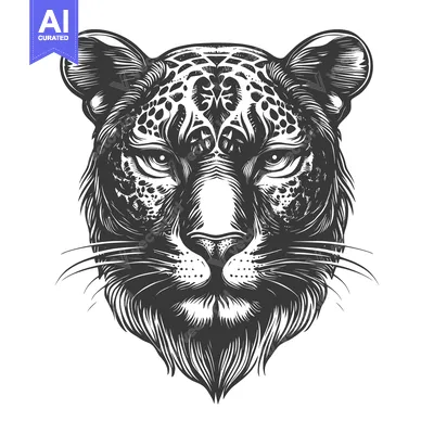 Aset desain premium: Detailed Black and White Illustration of a Leopard's Head