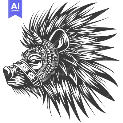 Aset desain premium: Detailed Black and White Illustration of a Lion's Head with Tribal Pat