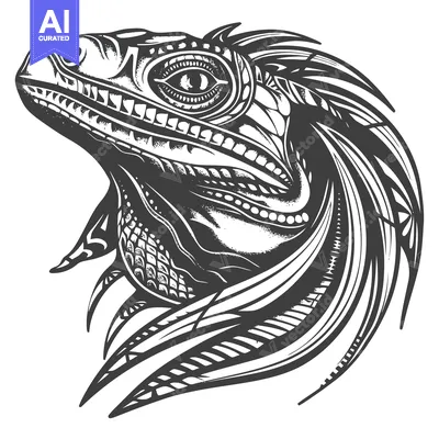 Aset premium populer: Detailed Black and White Illustration of a Lizard's Head with Elaborat
