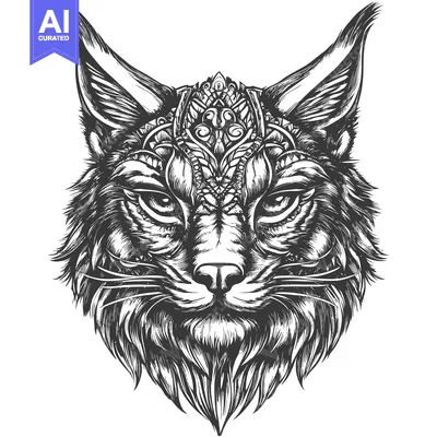 Aset desain premium: Detailed Black and White Illustration of a Lynx's Head with Ornate Hea