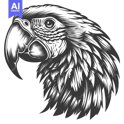 Detailed Black and White Illustration of a Macaw's Head
