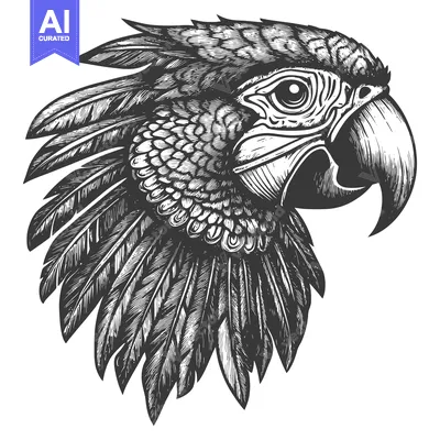 Premium design asset: Detailed Black and White Illustration of a Macaw's Head