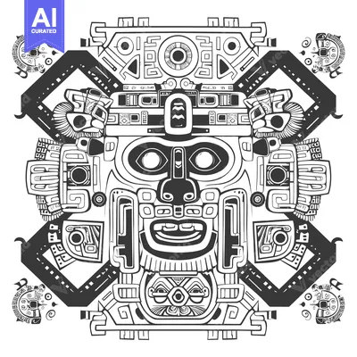 Aset desain premium: Detailed Black and White Illustration of a Mayan Deity Mask