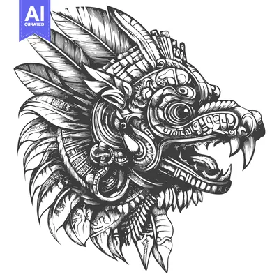 Aset premium populer: Detailed black and white illustration of a Mayan feathered serpent hea