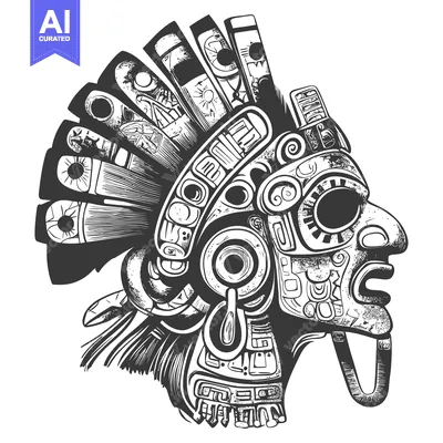 Premium design asset: Detailed Black and White Illustration of a Mayan Mask