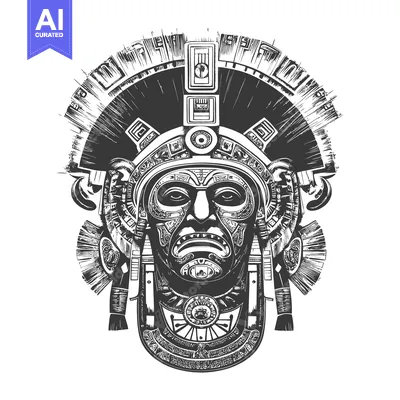 Aset desain premium: Detailed Black and White Illustration of a Mayan Mask with Feathers an