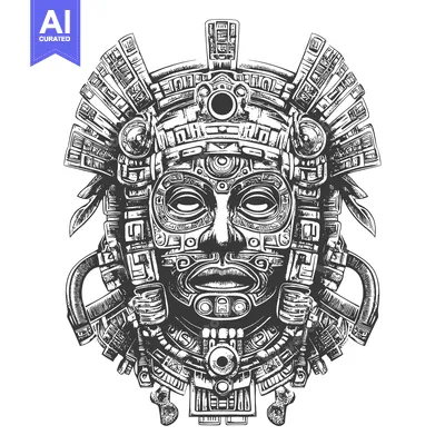 Aset desain premium: Detailed Black and White Illustration of a Mayan Mask with Intricate G