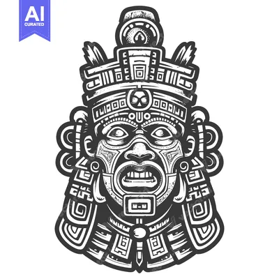 Aset desain premium: Detailed Black and White Illustration of a Mayan Mask with Intricate G
