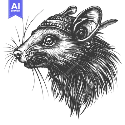 Aset desain premium: Detailed Black and White Illustration of a Mouse Wearing a Headband